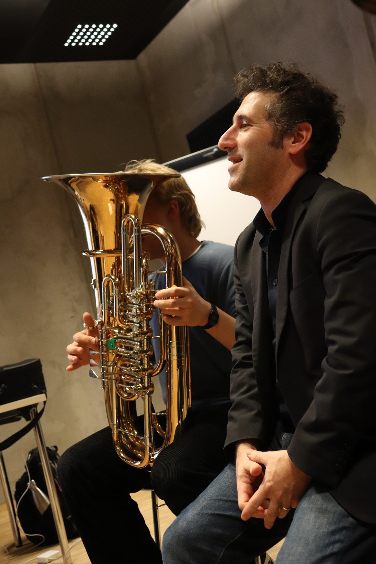 Shaul Bustan tries out the tuba